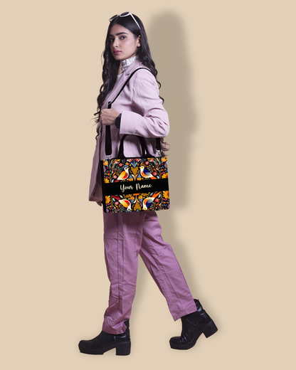 Personalized Small Tote Bag Designed With Beautiful Birds And Emblished Flowers