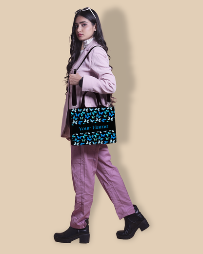 Personalized Small Tote Bag Designed With Blue Flying Butterflies