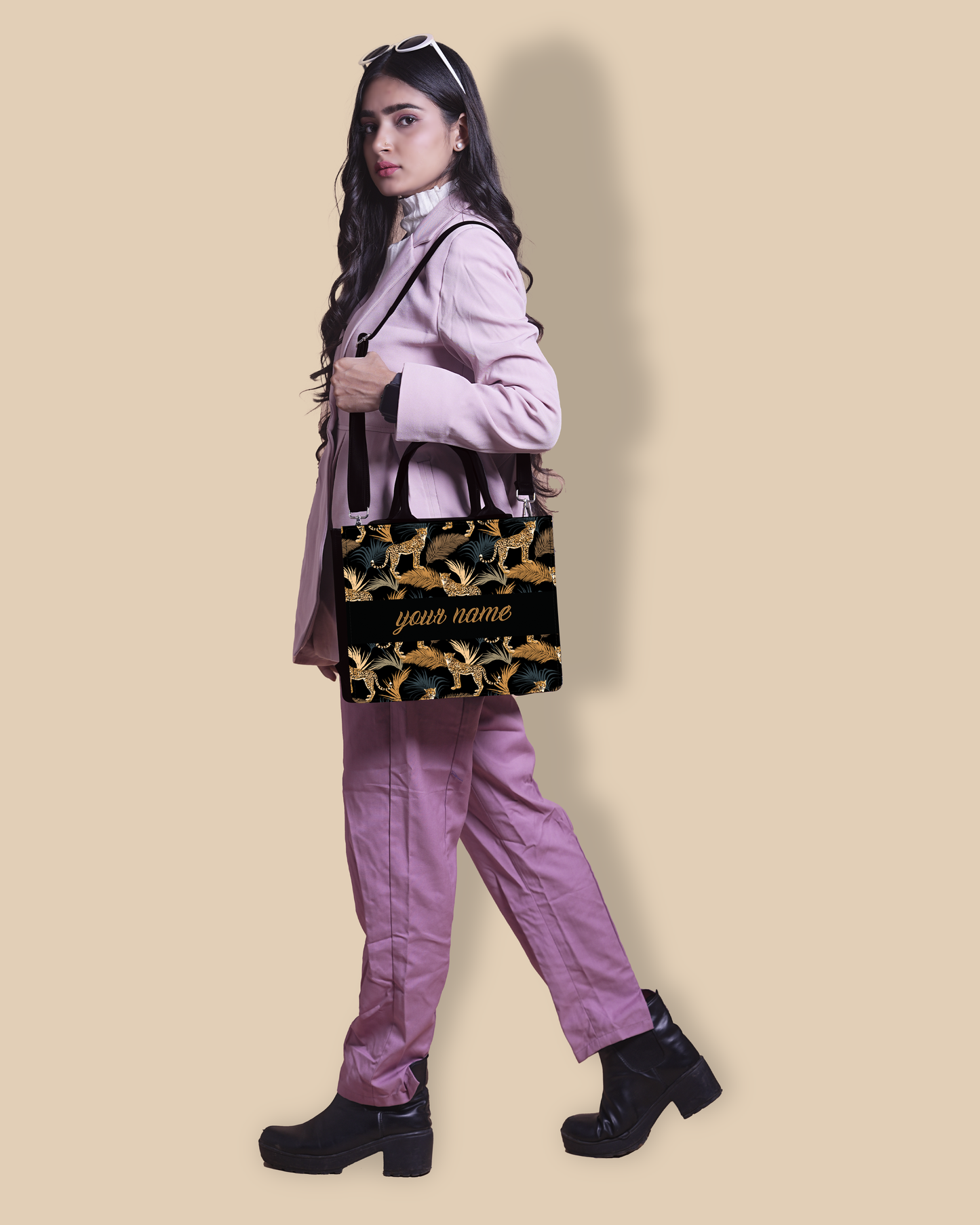 Personalized Small Tote Bag Designed With Marine Pattern Background And Leopard Palms