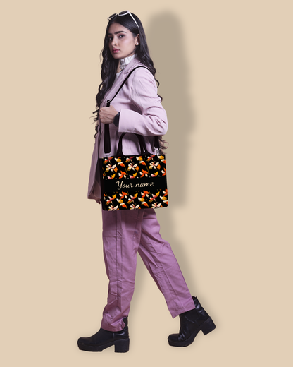 Personalized Small Tote Bag Designed With Watercolour Autumn Leaves Pattern