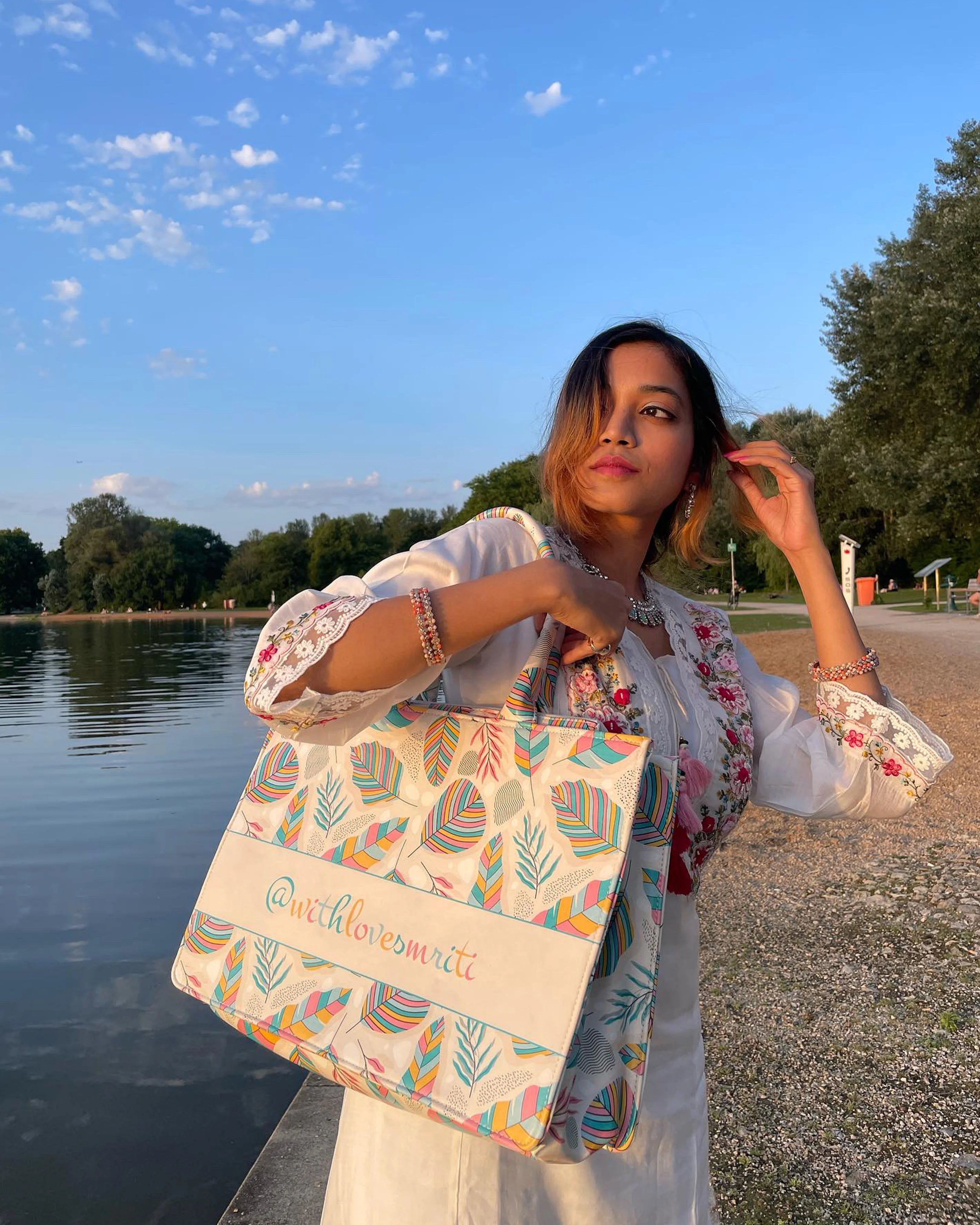 Customized Tote Bag Designed With Sand ,Stones And Colorful Leaves