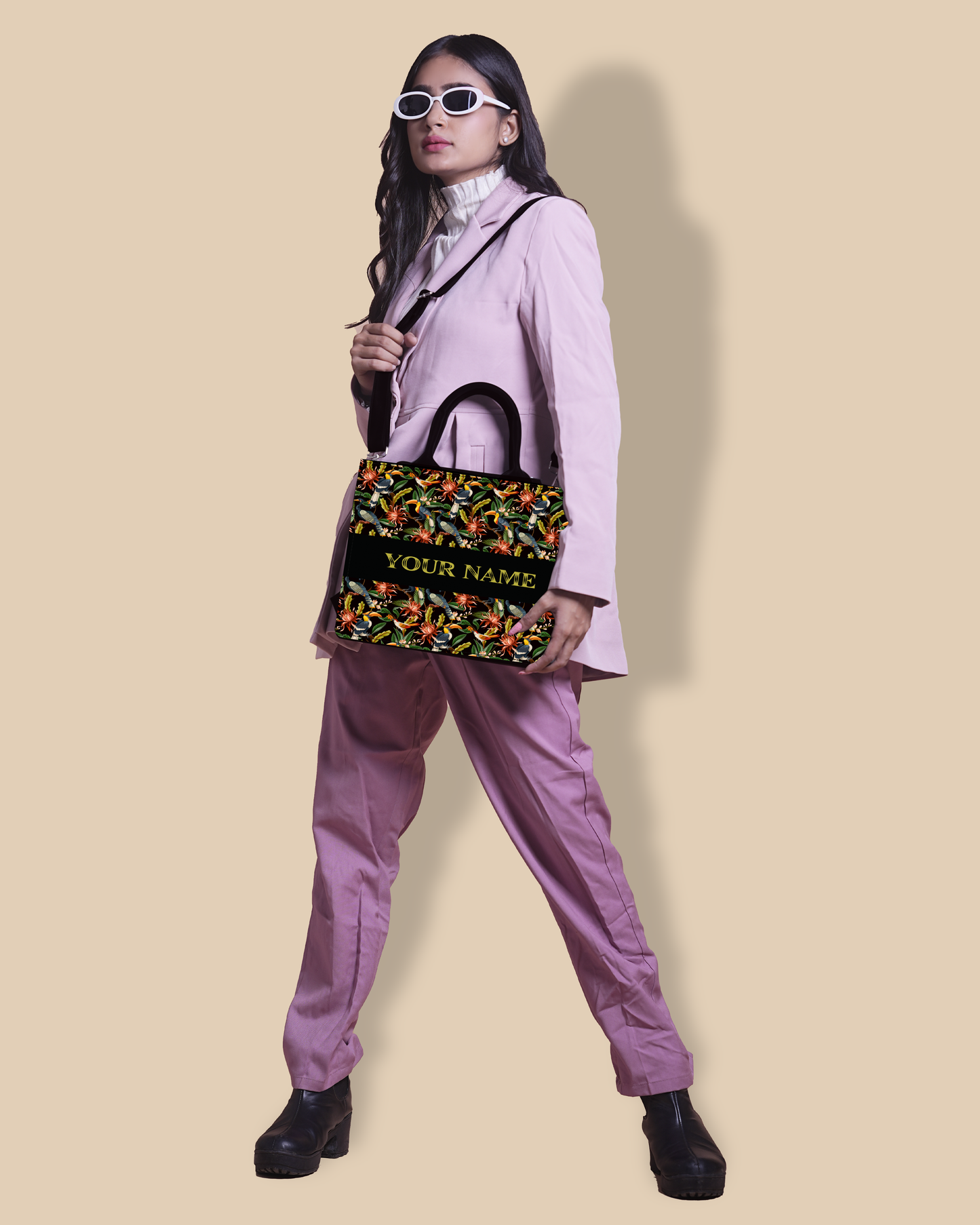 Personalized small Tote Bag Designed with Hornbill , Carens Birds And Tropical Flowers