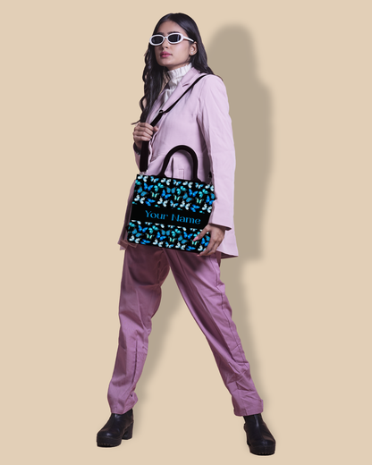 Personalized Small Tote Bag Designed With Blue Flying Butterflies