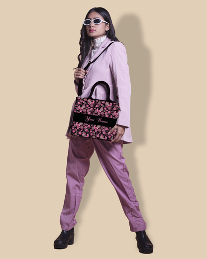 Personalized Small Tote Bag Designed With Calligraphic Flowers And Peacock Pattern