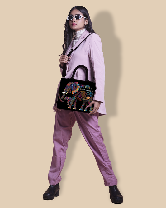 Personalized Small Tote Bag Designed with Baby And Mother Elephant Pattern