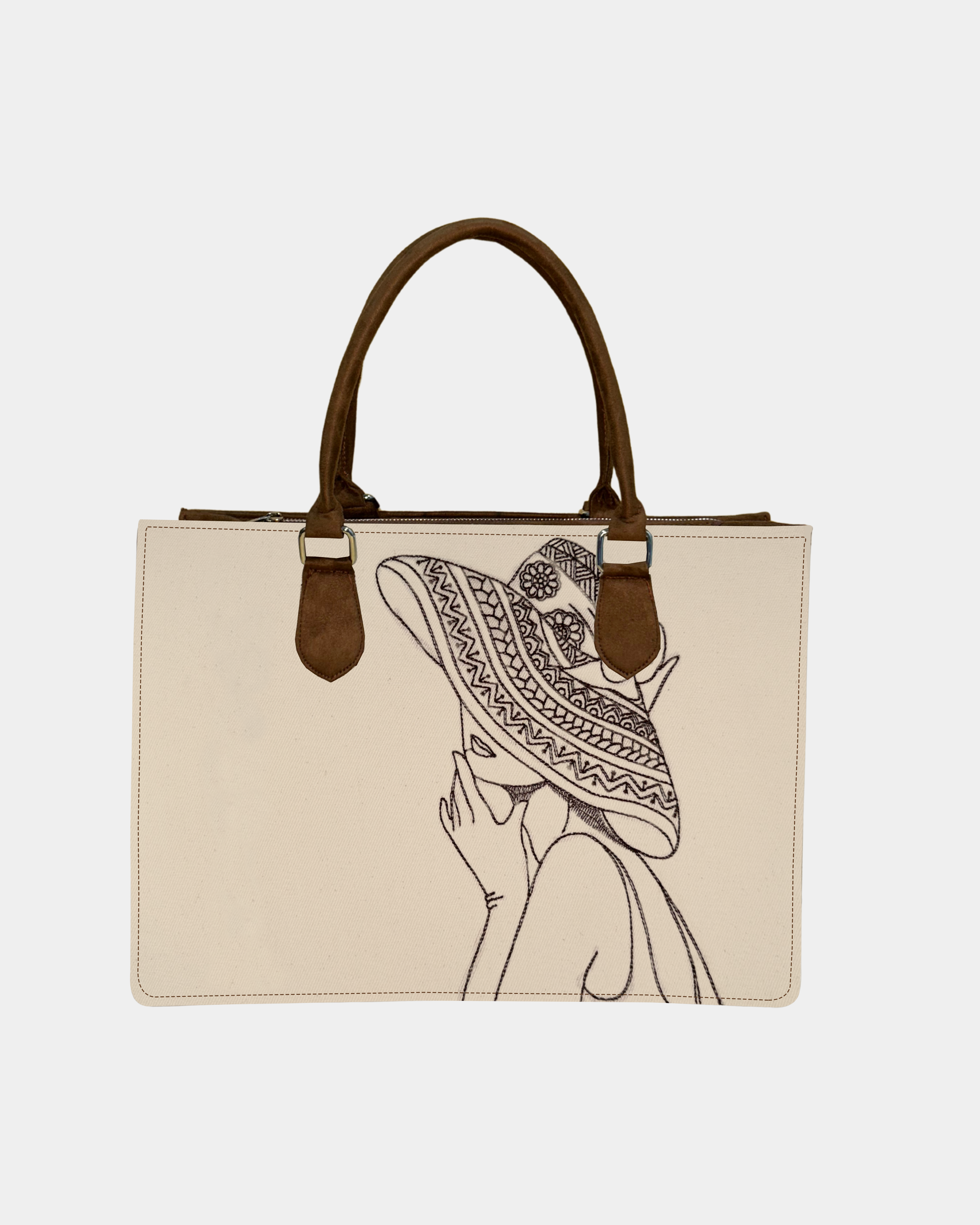 Customized Hat Girl Sketch Tote Bag – Brown Suede Edition