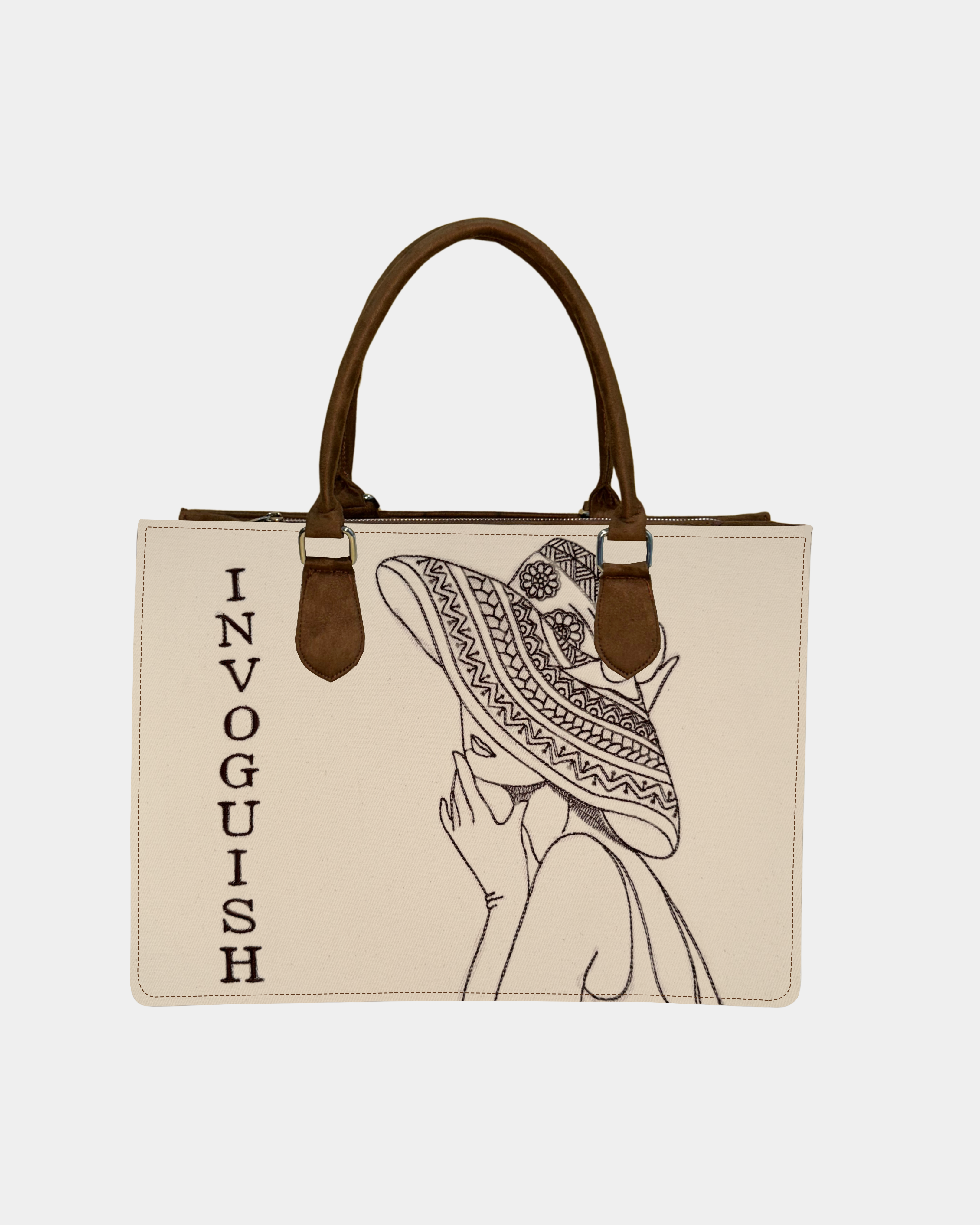 Customized Hat Girl Sketch Tote Bag – Brown Suede Edition