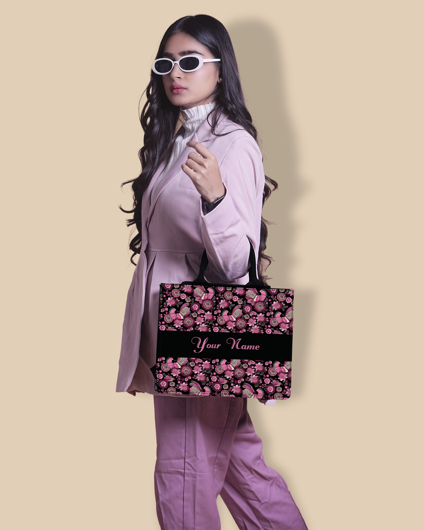 Personalized Small Tote Bag Designed With Calligraphic Flowers And Peacock Pattern