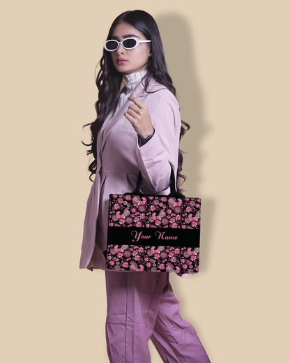 Personalized Small Tote Bag Designed With Calligraphic Flowers And Peacock Pattern