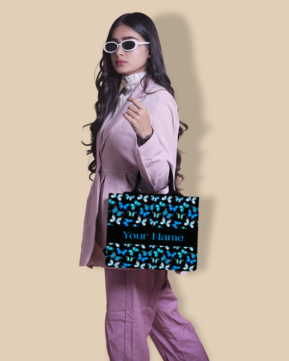 Personalized Small Tote Bag Designed With Blue Flying Butterflies