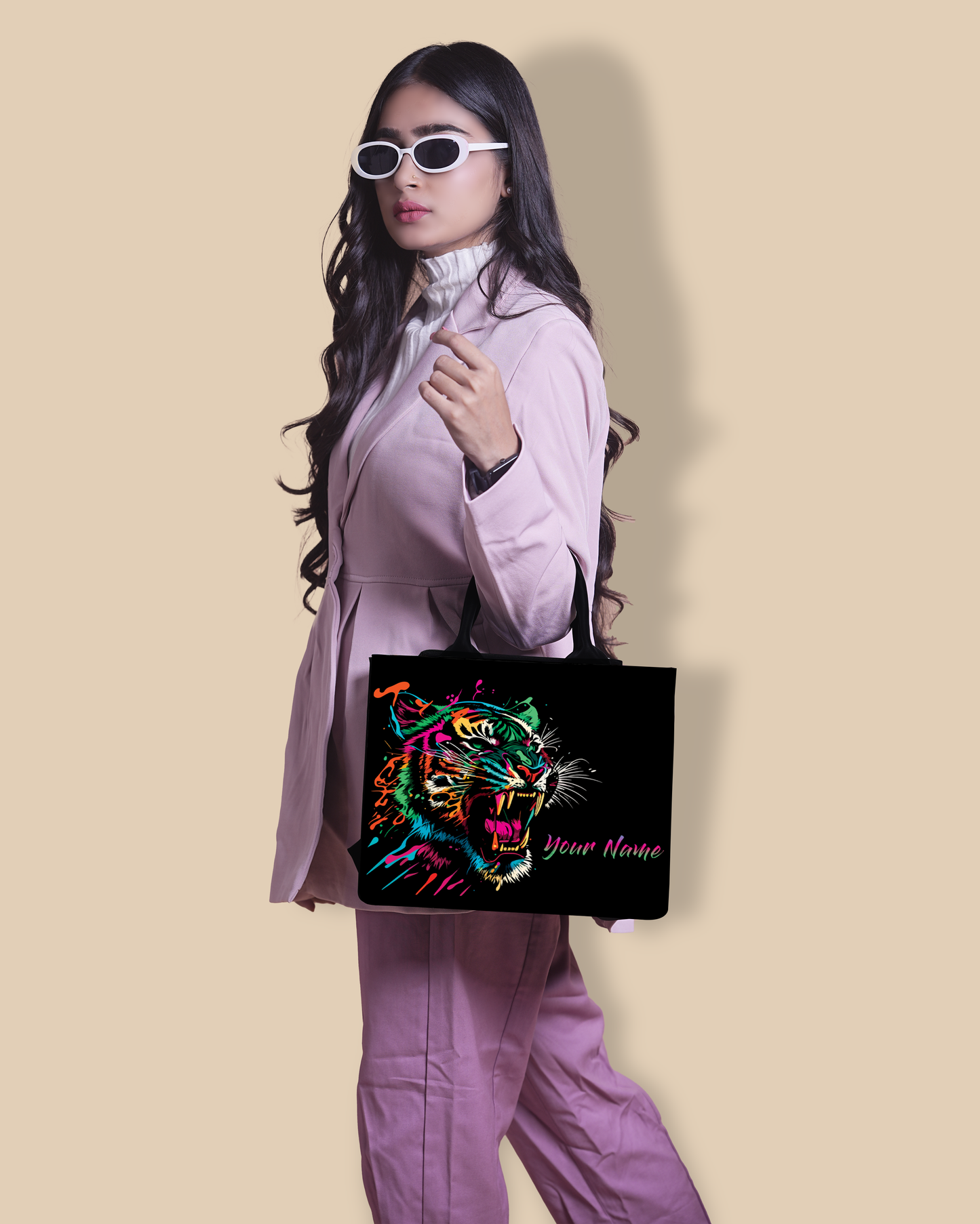 Personalized Small Tote Bag Designed With Colourfull Roaring Bangal Tiger