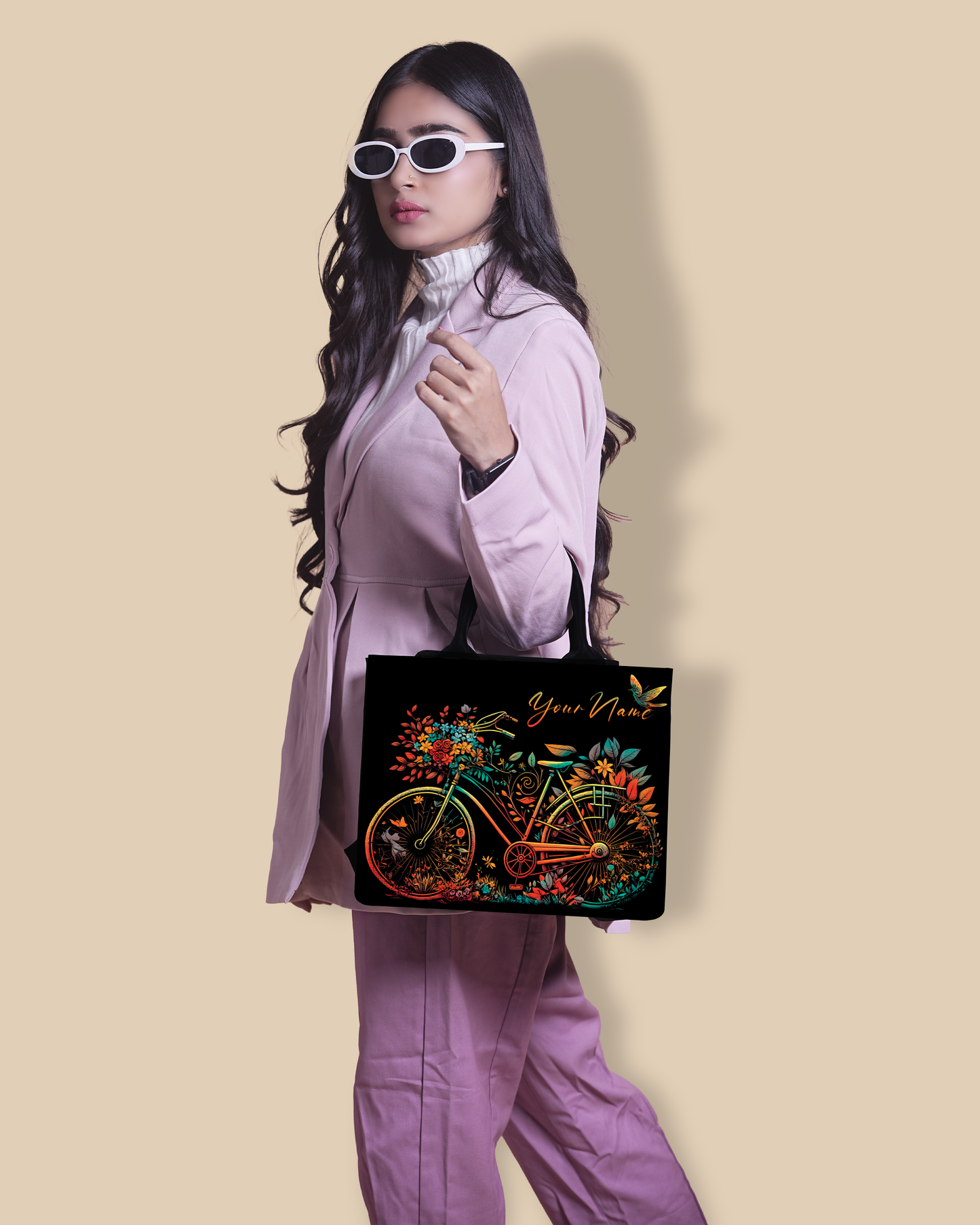 Personalized Small Tote Bag Designed With Growing Nature On Colourfull Bicycle