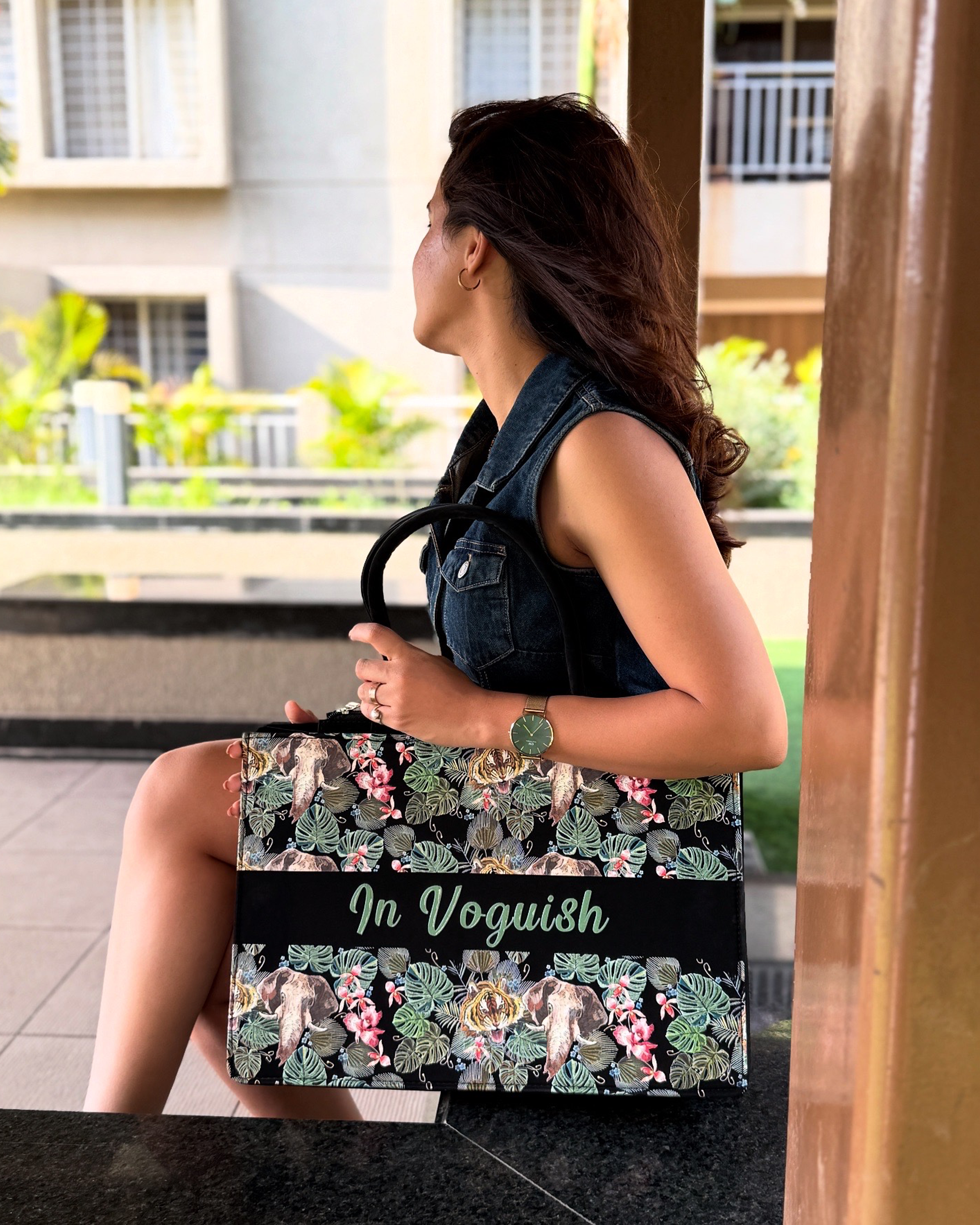 Customized Tote Bag Designed with Palm Leaves, Tiger And Elephant