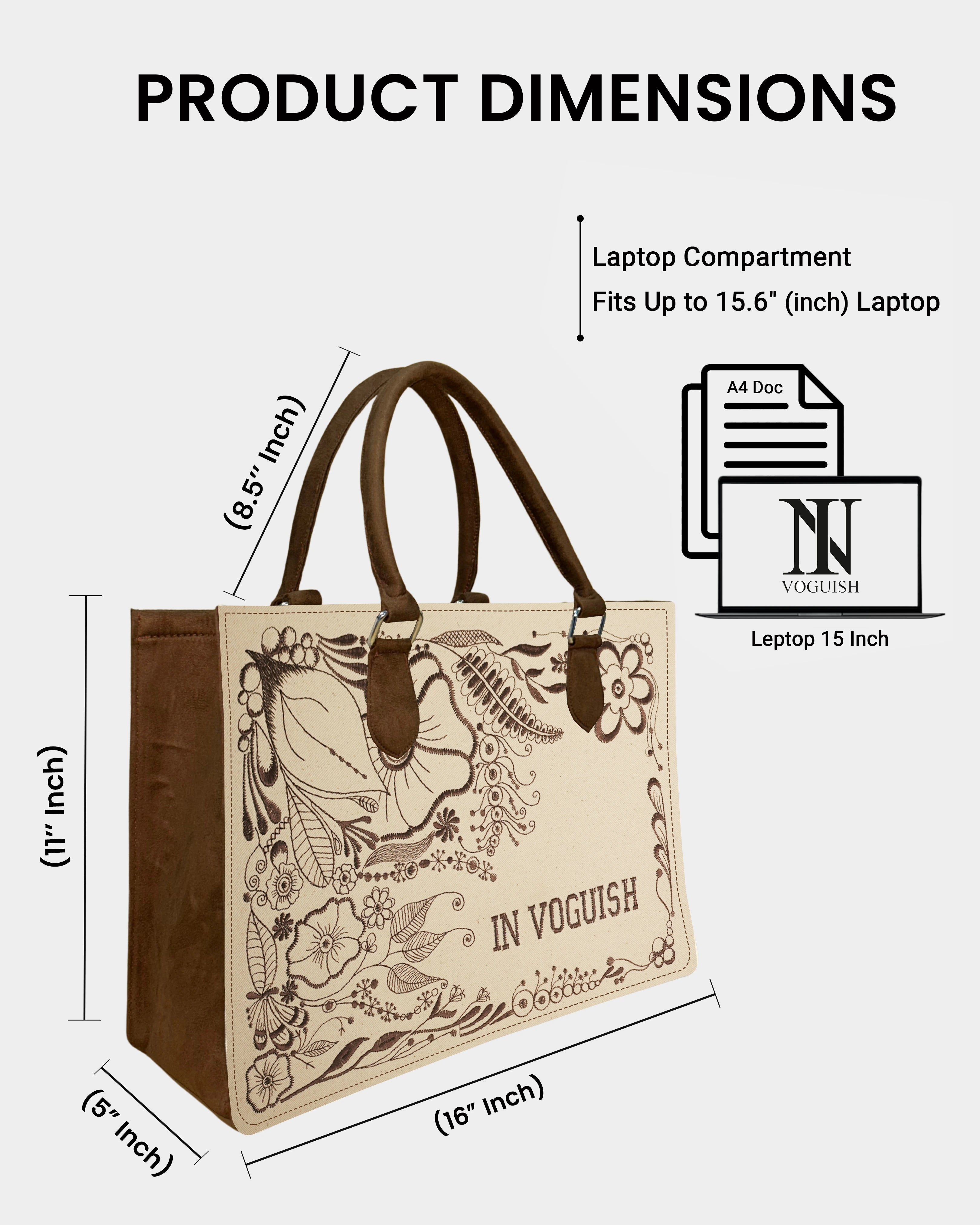 Customized Floral Canvas Embroidered Tote Bag – Brown Suede Edition