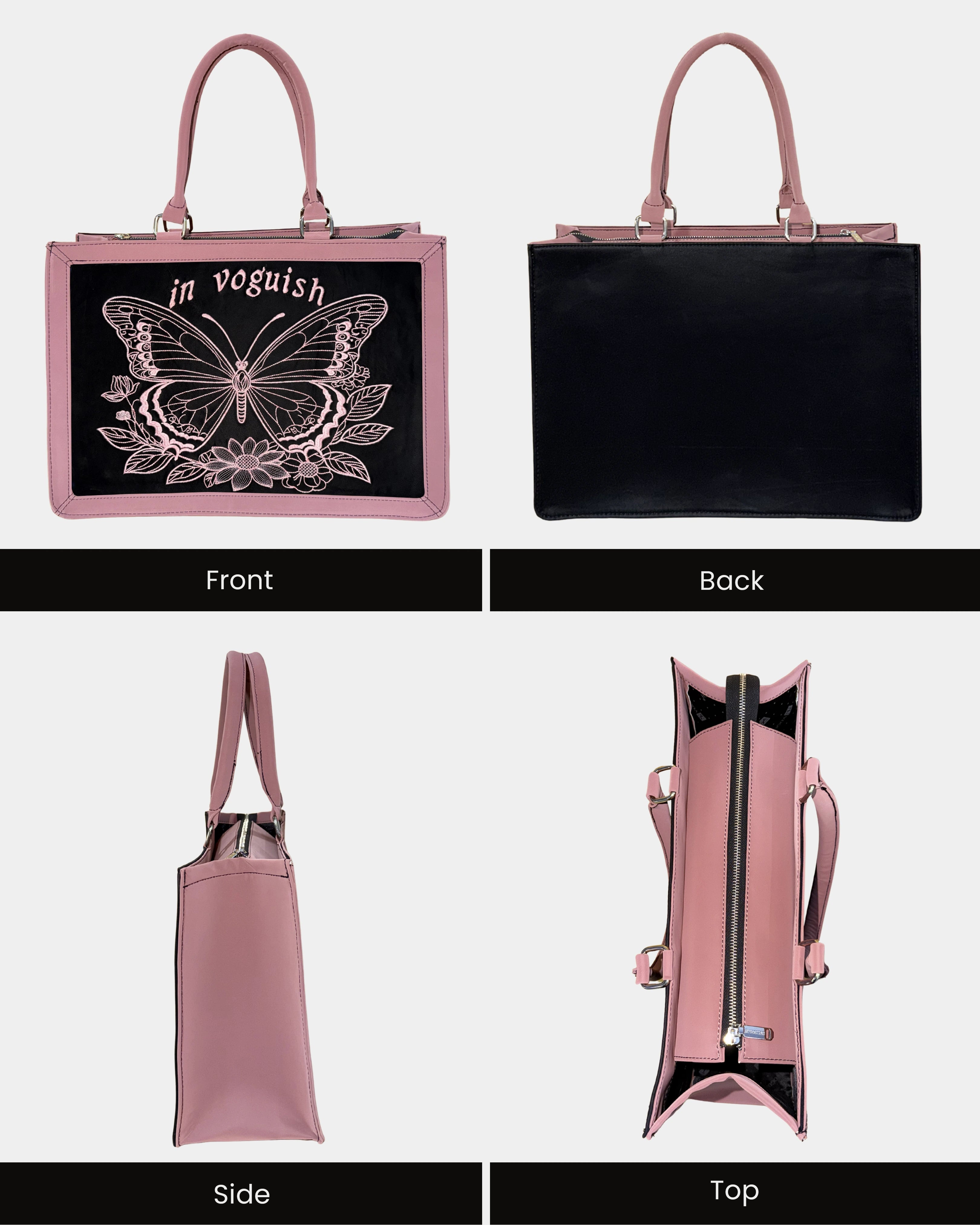 Luxury Pink & Black Butterfly Blush Customized Embroidered Tote Bag