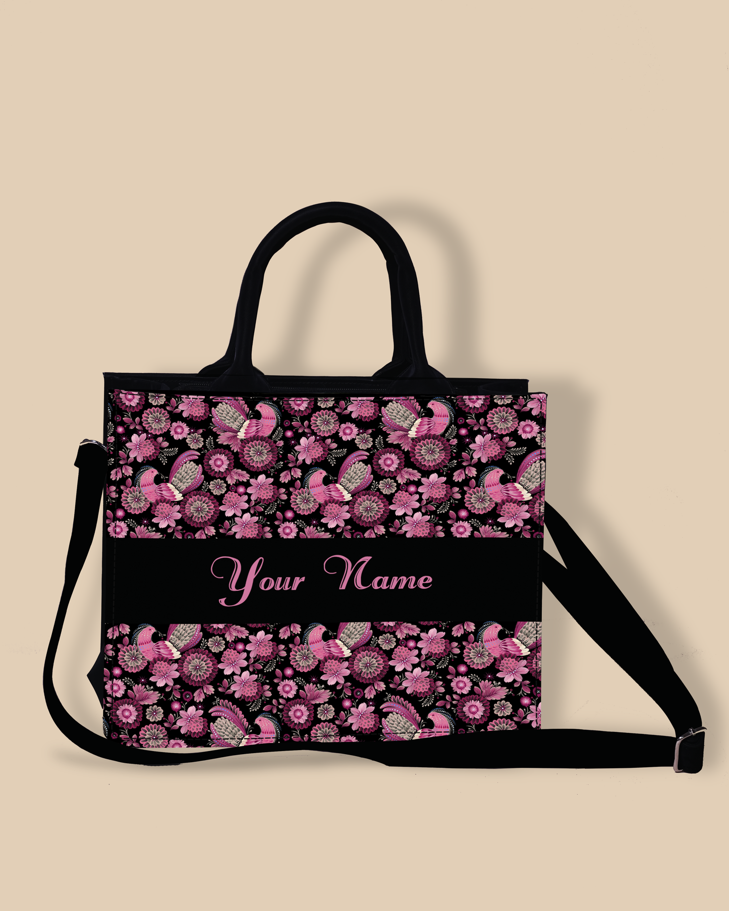 Personalized Small Tote Bag Designed With Calligraphic Flowers And Peacock Pattern