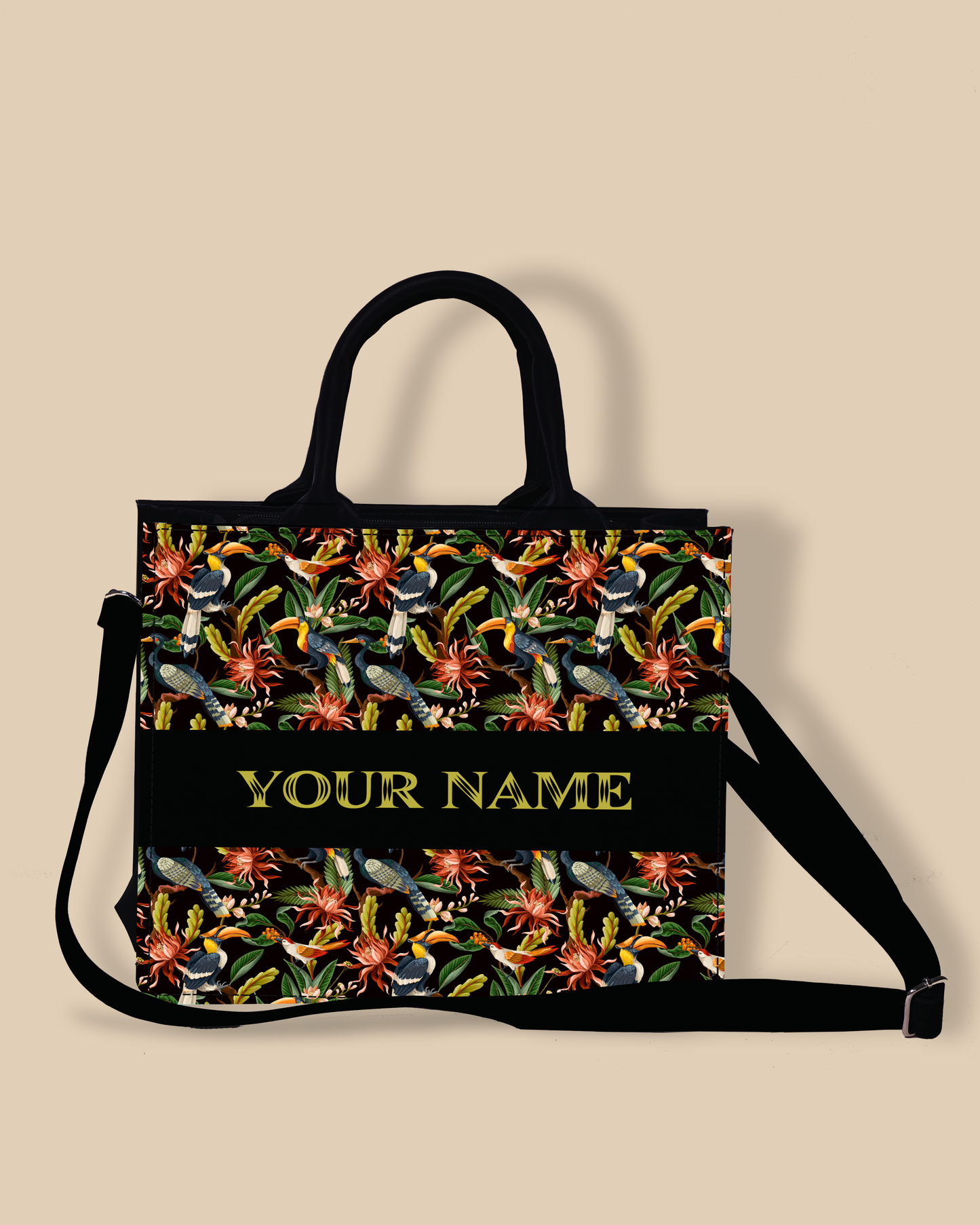 Personalized small Tote Bag Designed with Hornbill , Carens Birds And Tropical Flowers
