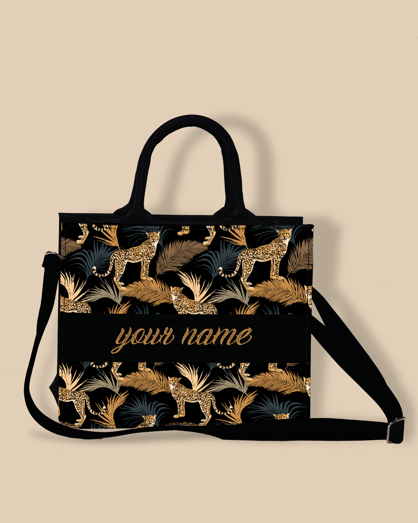 Personalized Small Tote Bag Designed With Marine Pattern Background And Leopard Palms