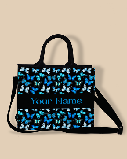 Personalized Small Tote Bag Designed With Blue Flying Butterflies