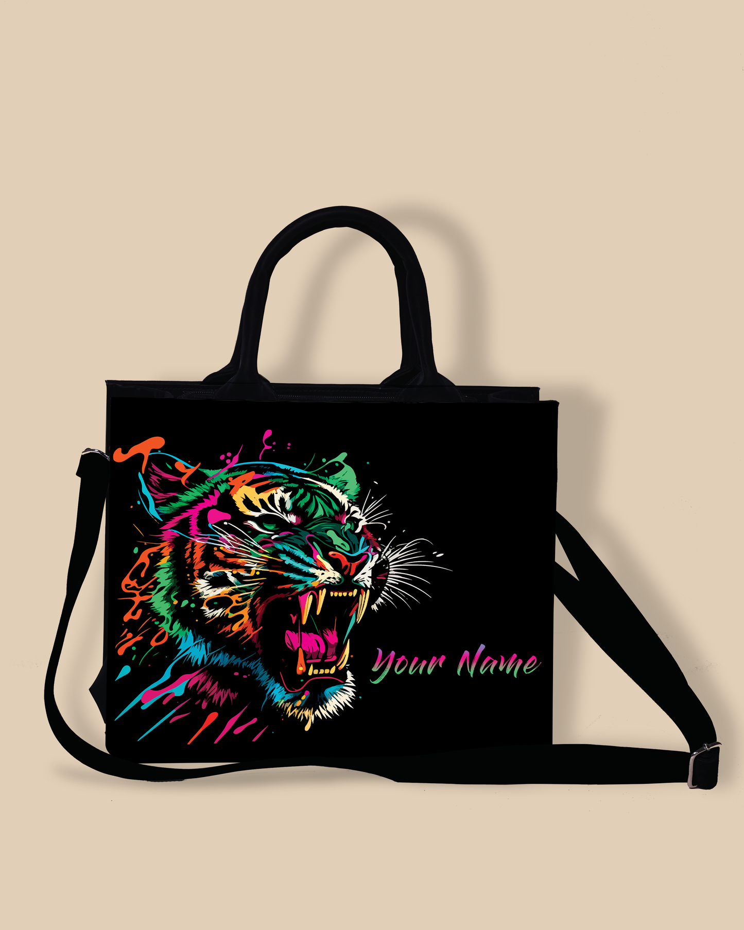 Personalized Small Tote Bag Designed With Colourfull Roaring Bangal Tiger