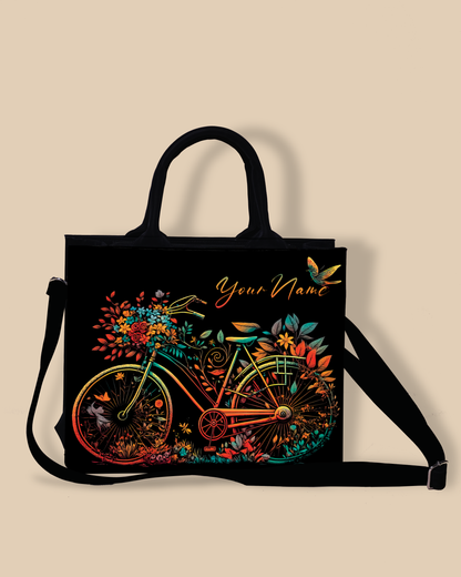 Personalized Small Tote Bag Designed With Growing Nature On Colourfull Bicycle