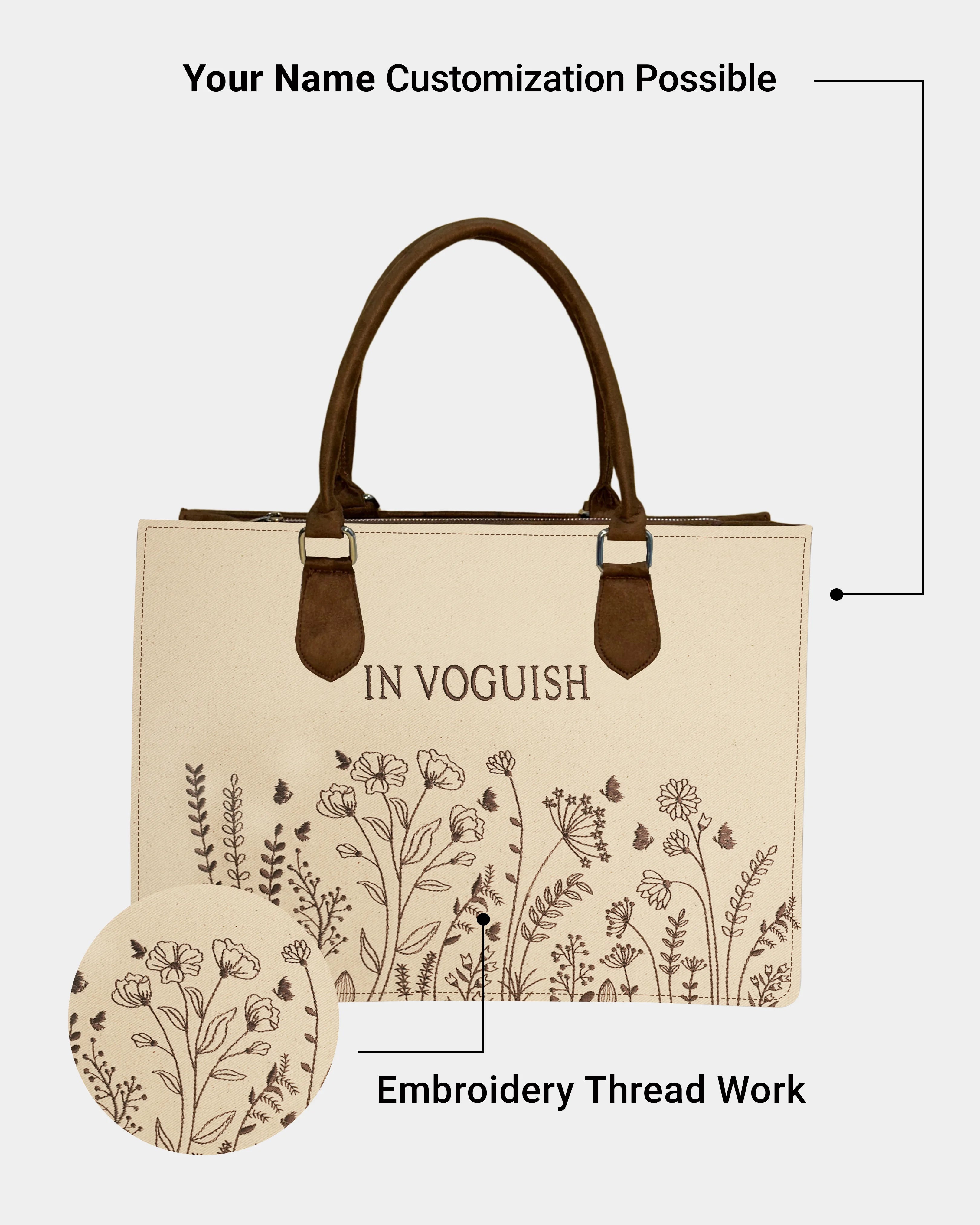 Customized Wild Meadow Embroidered Tote Bag – Brown Suede Edition