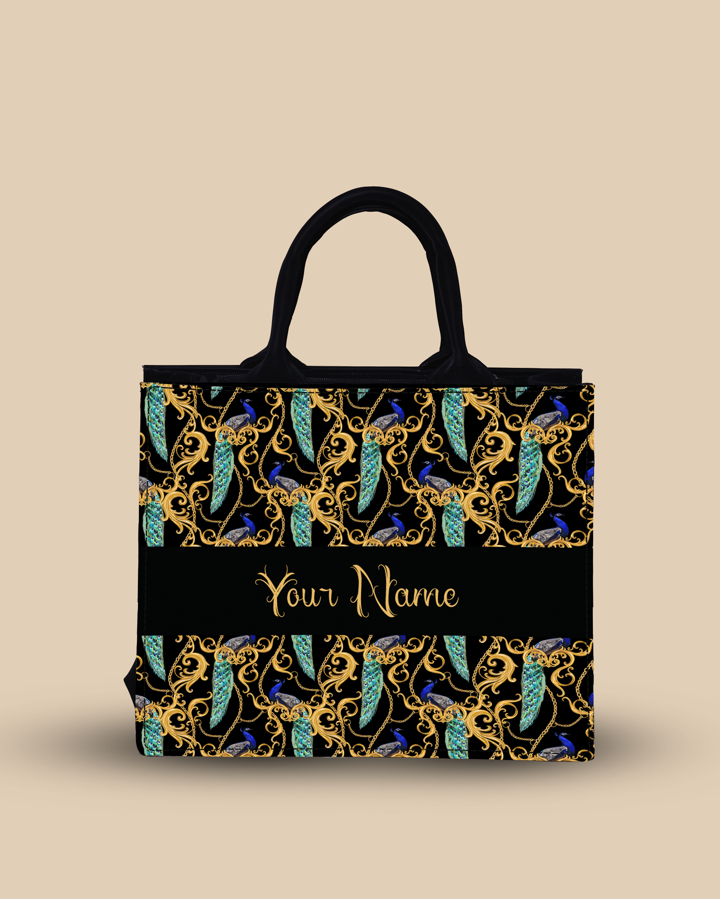 Personalized Small Tote Bag Designed With Peacock Clutch Solid Black