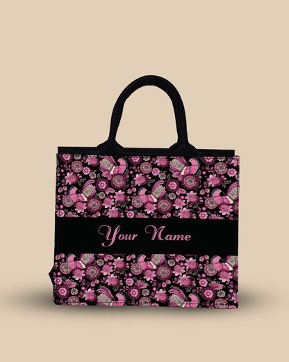 Personalized Small Tote Bag Designed With Calligraphic Flowers And Peacock Pattern