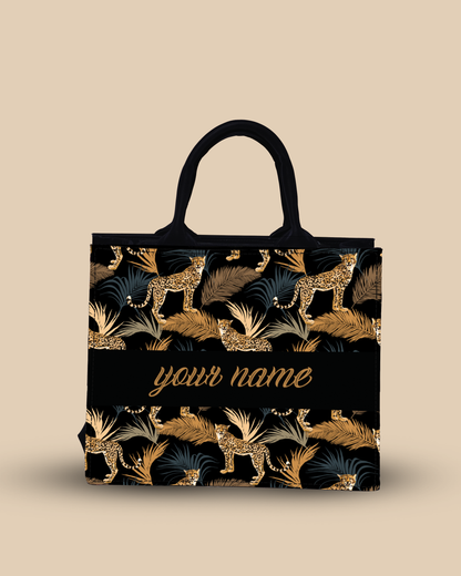 Personalized Small Tote Bag Designed With Marine Pattern Background And Leopard Palms