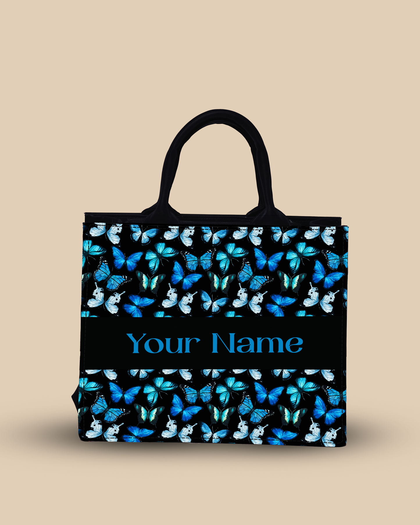 Personalized Small Tote Bag Designed With Blue Flying Butterflies