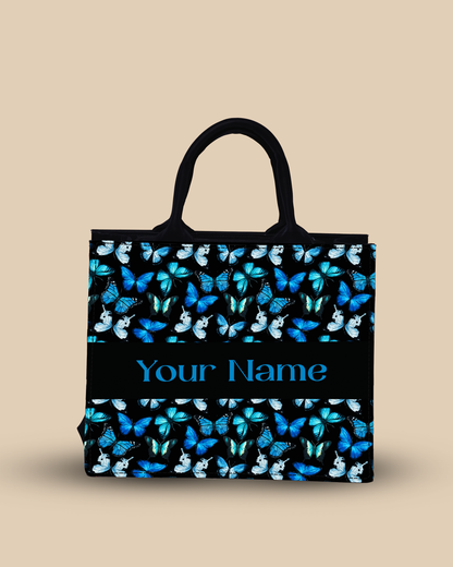 Personalized Small Tote Bag Designed With Blue Flying Butterflies