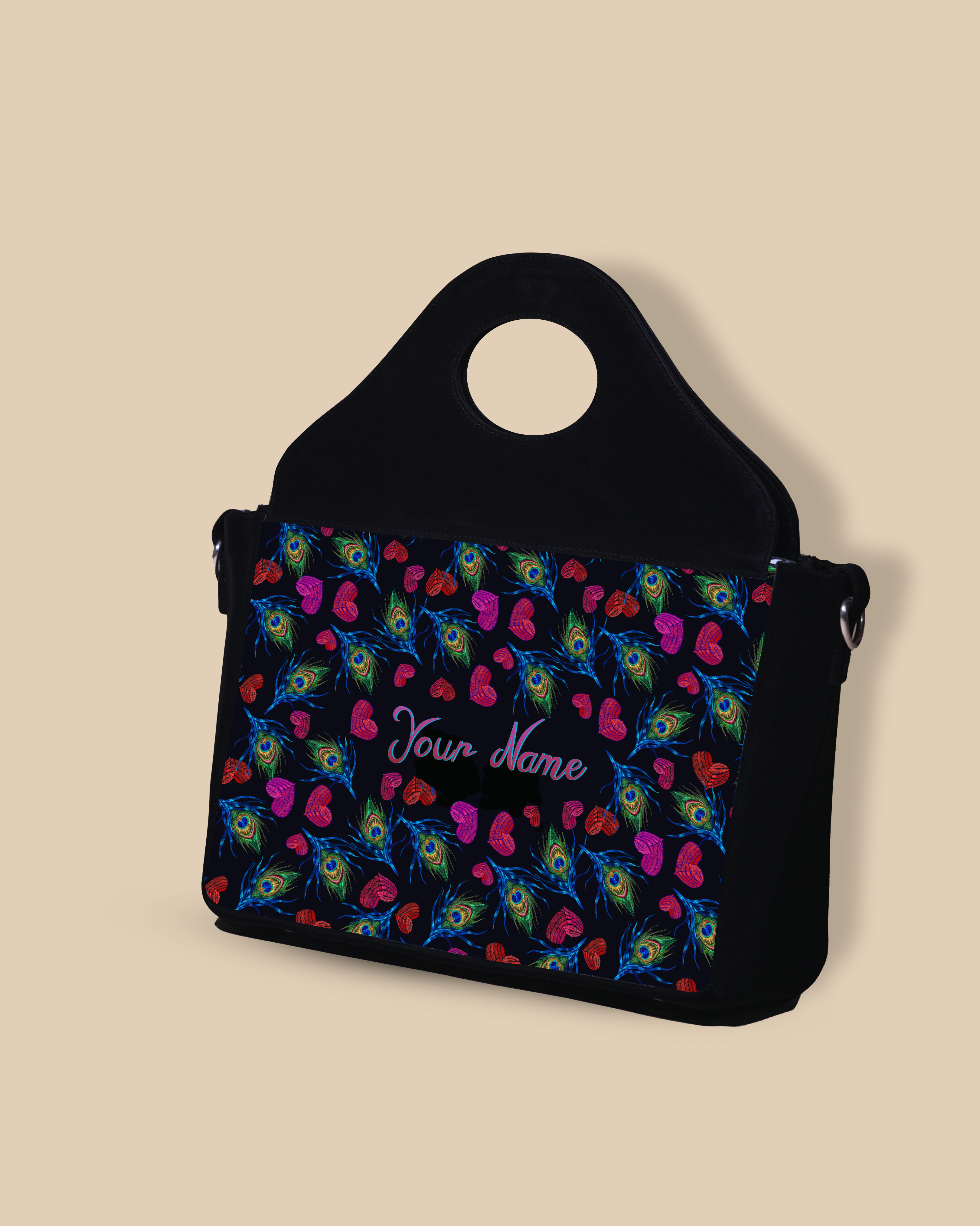 Customized Sling Purse Designed With Colourfull Peacock Feather And Heart Pattern