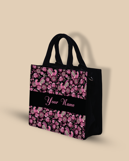 Personalized Small Tote Bag Designed With Calligraphic Flowers And Peacock Pattern