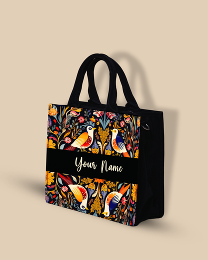 Personalized Small Tote Bag Designed With Beautiful Birds And Emblished Flowers