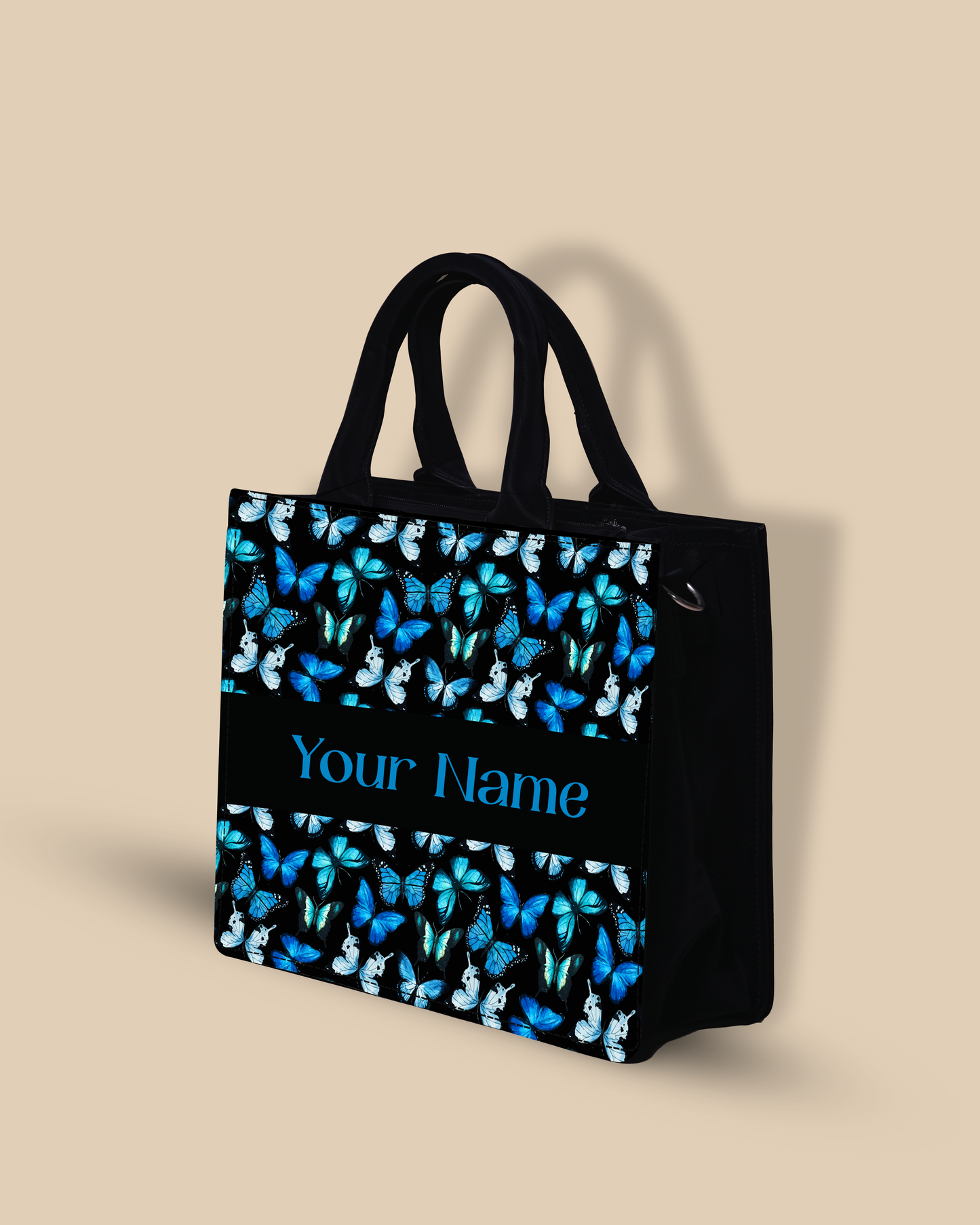 Personalized Small Tote Bag Designed With Blue Flying Butterflies