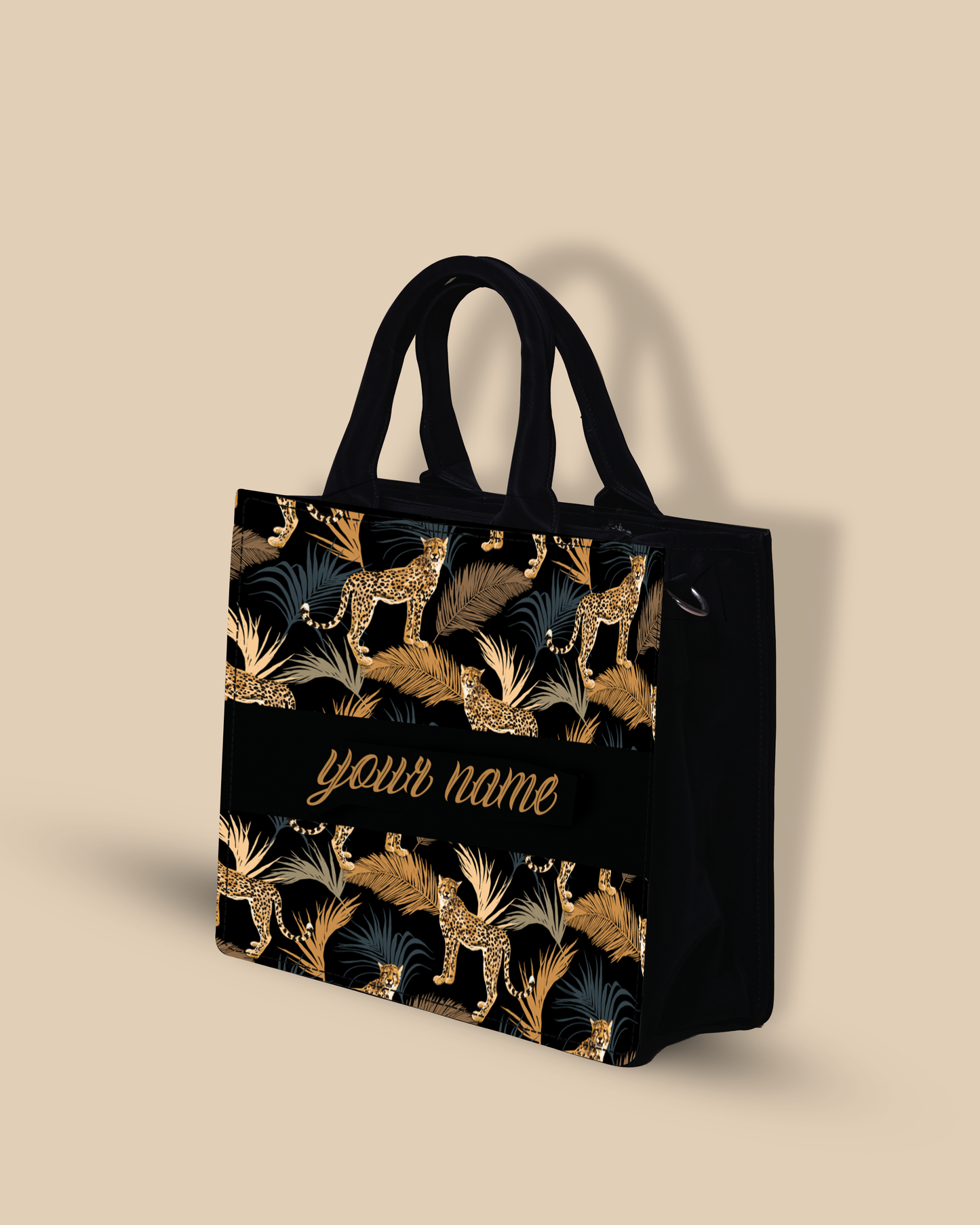 Personalized Small Tote Bag Designed With Marine Pattern Background And Leopard Palms