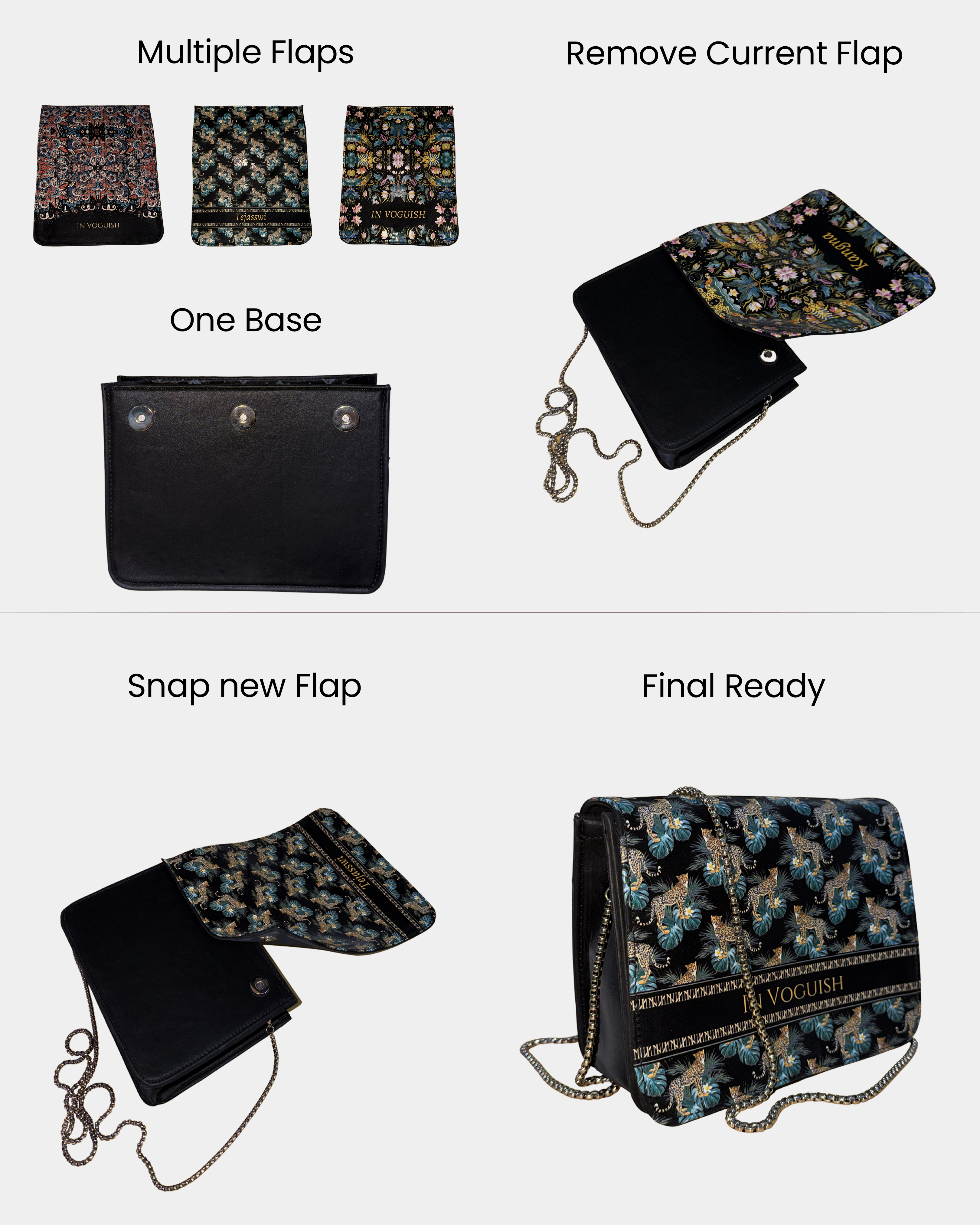Premium Edition | IN VOGUISH SwitchStyle Customized Sling Bag – Interchangeable Flap | Z Black 3D Embossed Design