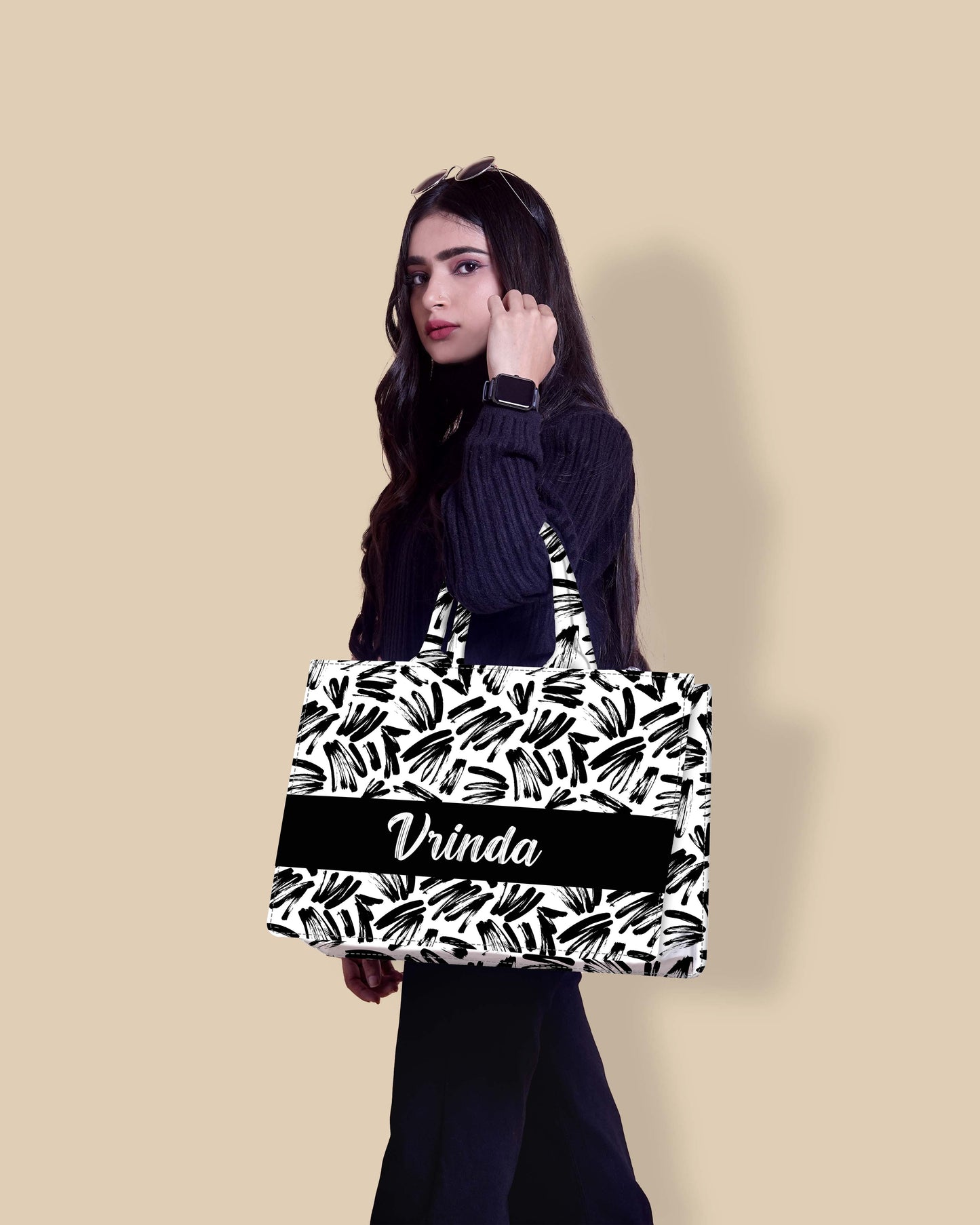 Personalized Tote Bag Designed With Black Brushstrokes Pattern