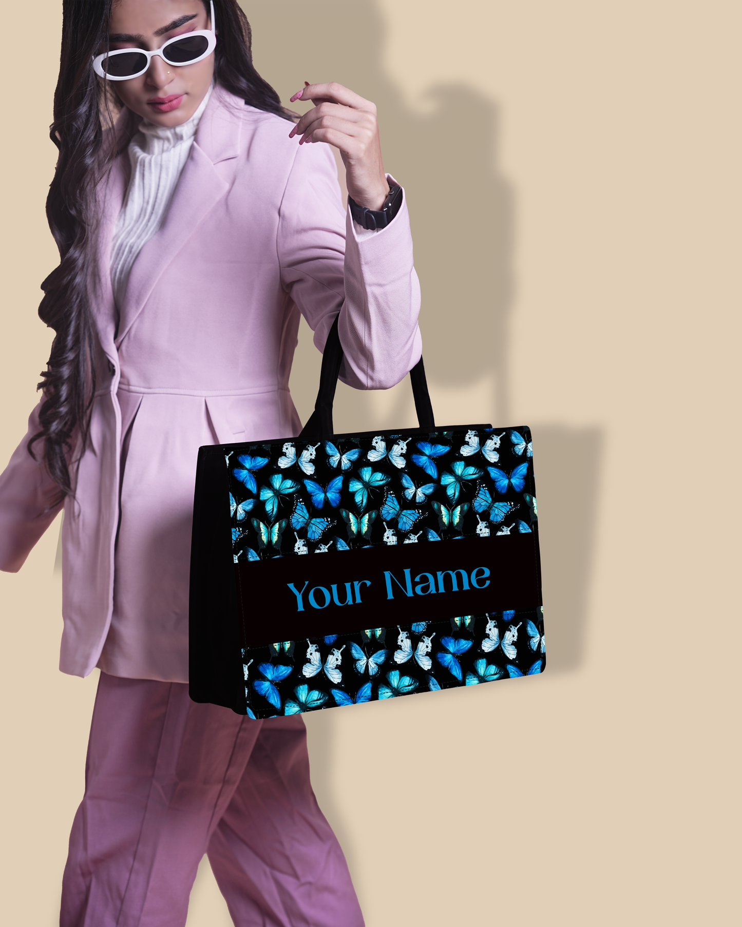 Personalized Tote Bag Designed With Blue Flying Butterflies