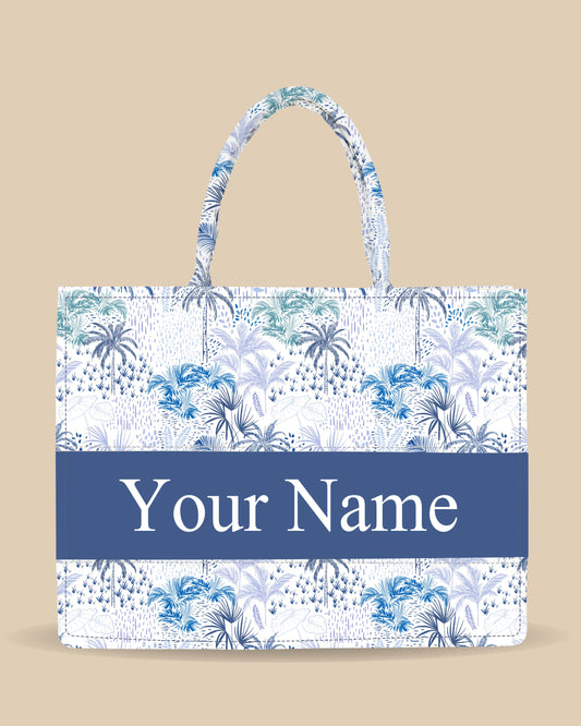 Personalized Tote Bag Designed With Blue Palms Banana Leaf pattern