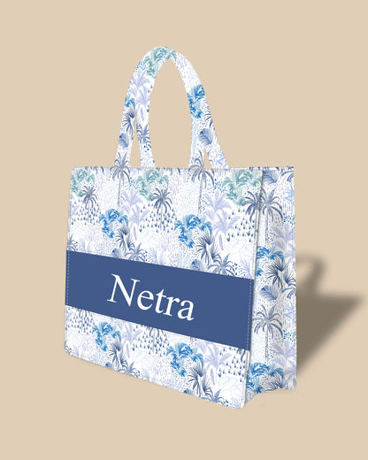 Personalized Tote Bag Designed With Blue Palms Banana Leaf pattern