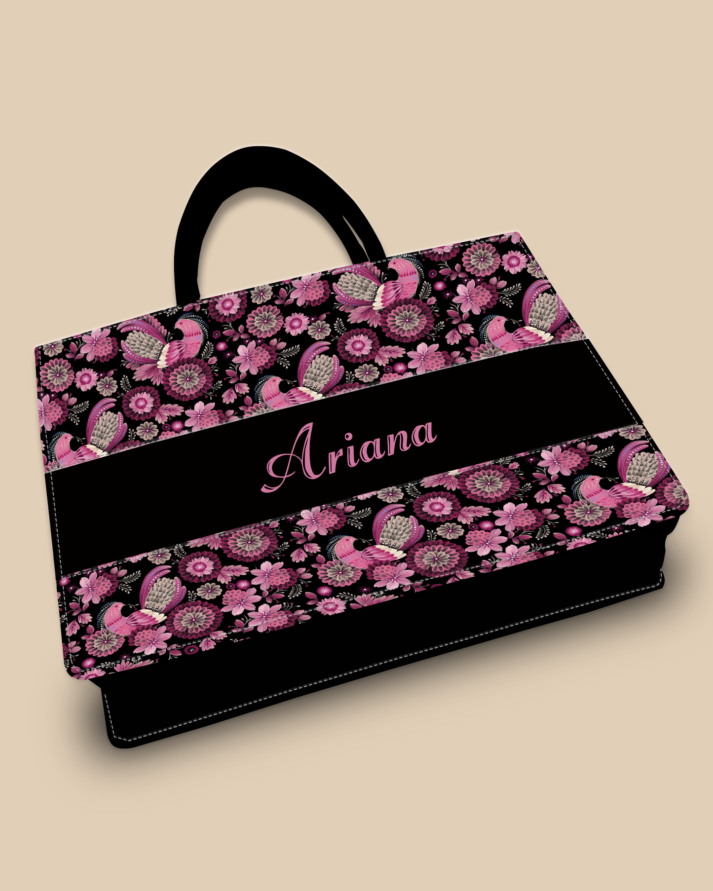Personalized Tote Bag Designed With Calligraphic Flowers And Peacock Pattern