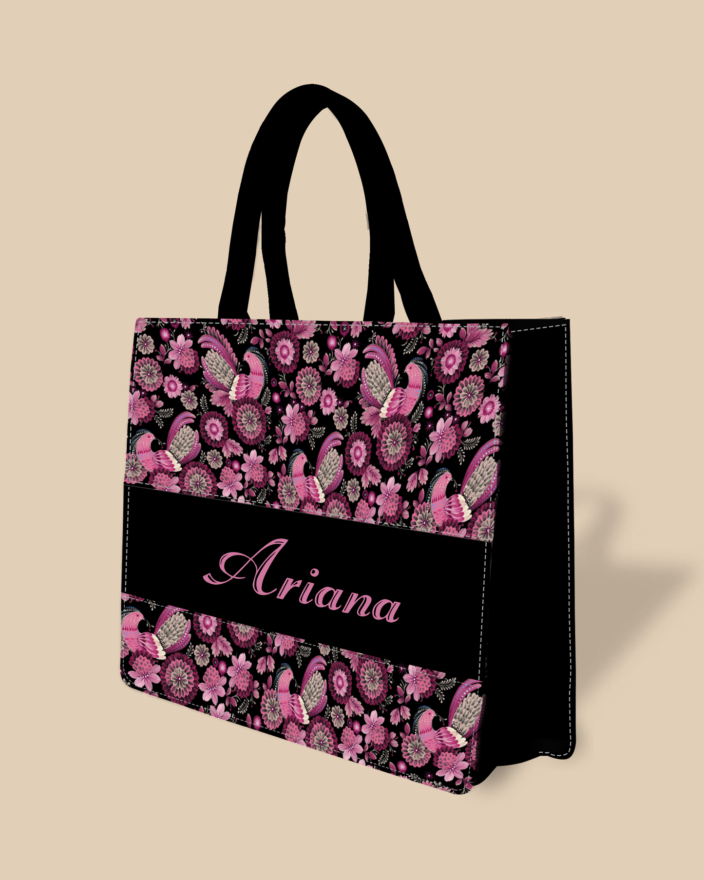 Personalized Tote Bag Designed With Calligraphic Flowers And Peacock Pattern