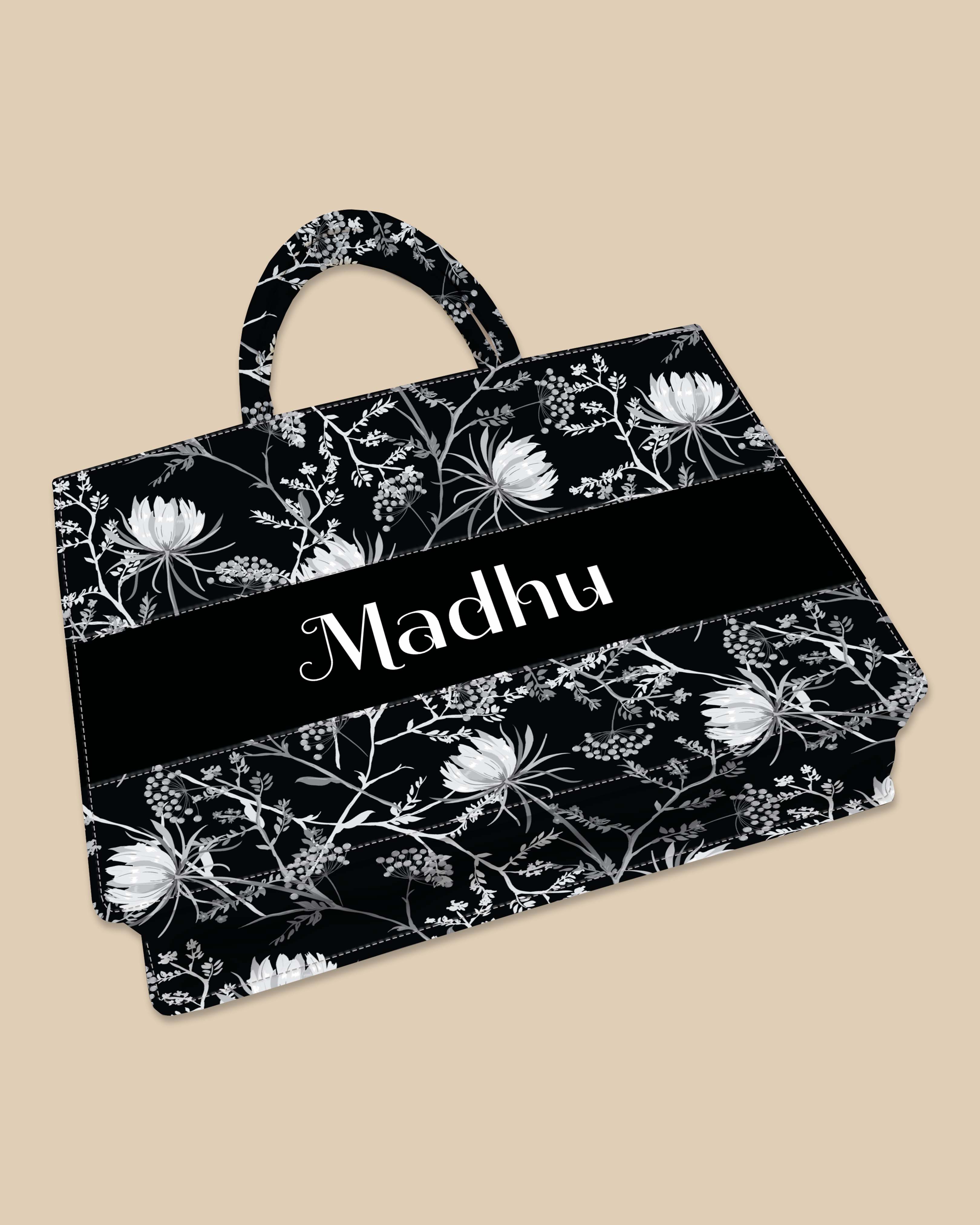 Customized Tote Bag  Designed with Black And White Oriental Blooming Flowers