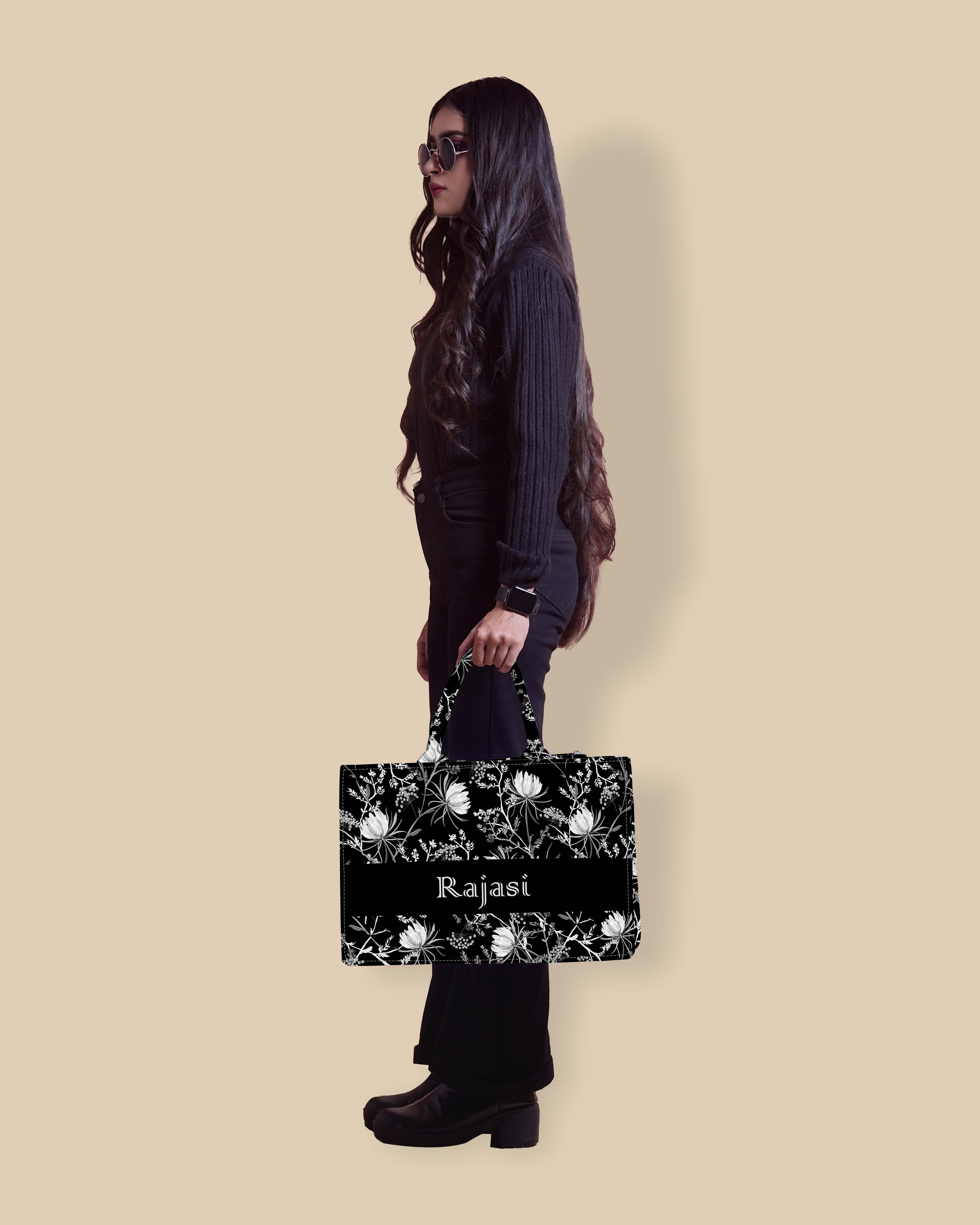 Customized Tote Bag  Designed with Black And White Oriental Blooming Flowers