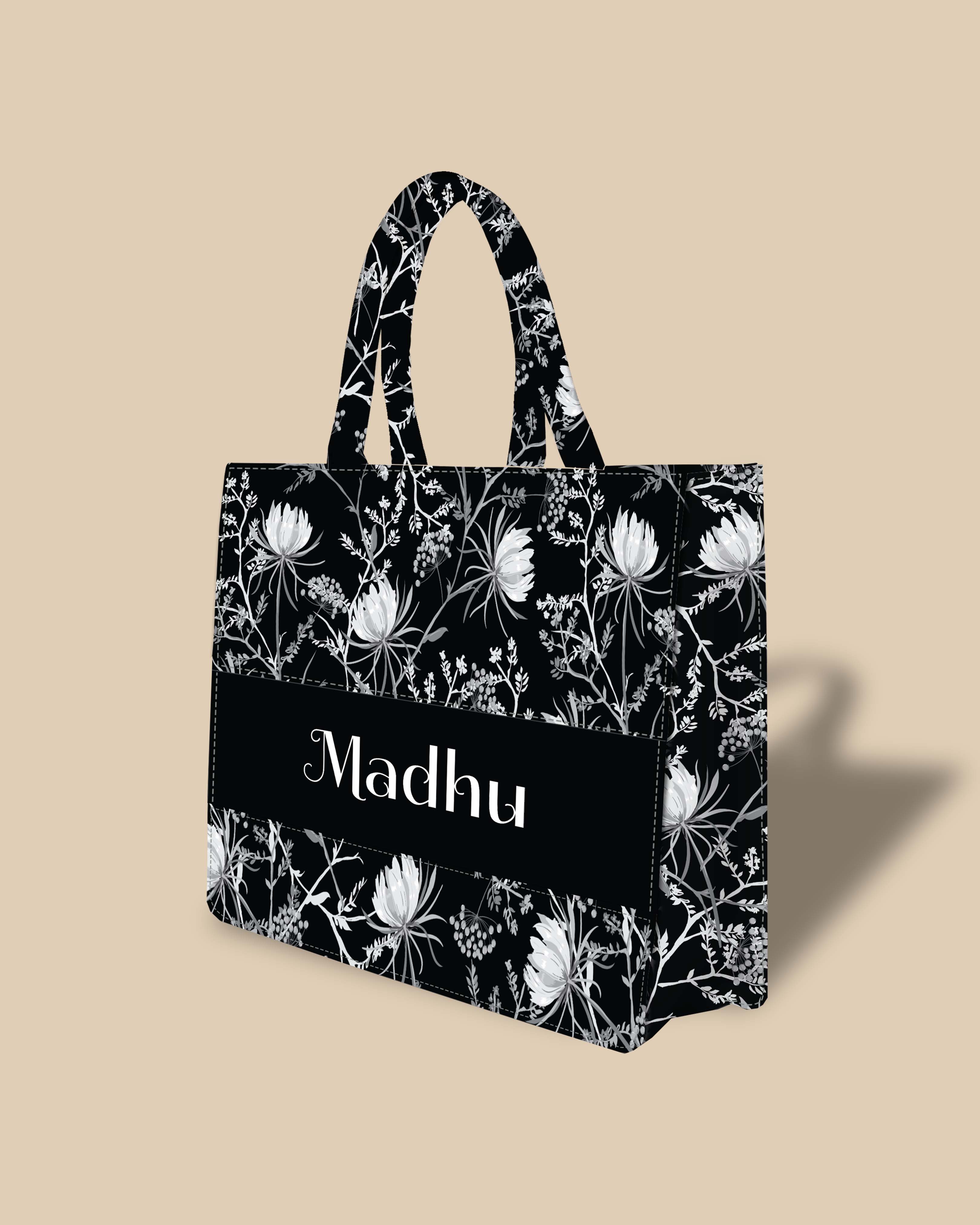 Customized Tote Bag  Designed with Black And White Oriental Blooming Flowers
