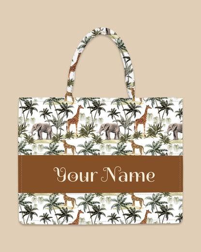 Personalized Tote Bag Designed with Palm Trees, Leopard, Giraffe And Elephant