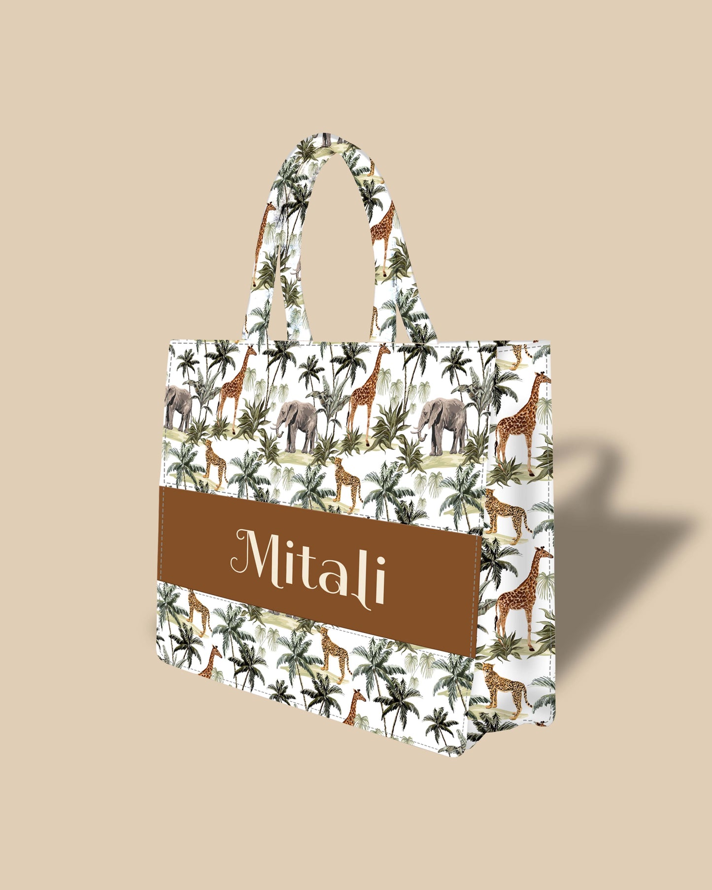 Personalized Tote Bag Designed with Palm Trees, Leopard, Giraffe And Elephant