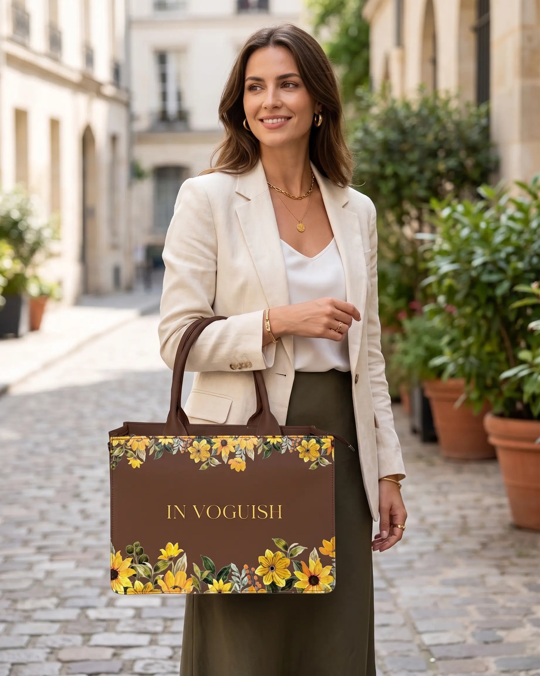 Brown Yellow Floral Embossed Artwork Customized Tote Bag for Women