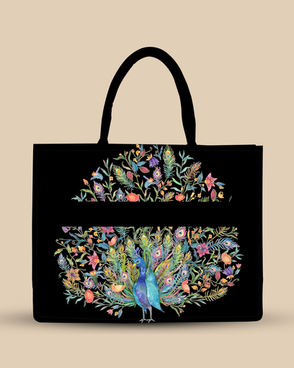 Up Embossed Peacock Design on Leather Personalized Tote Bag